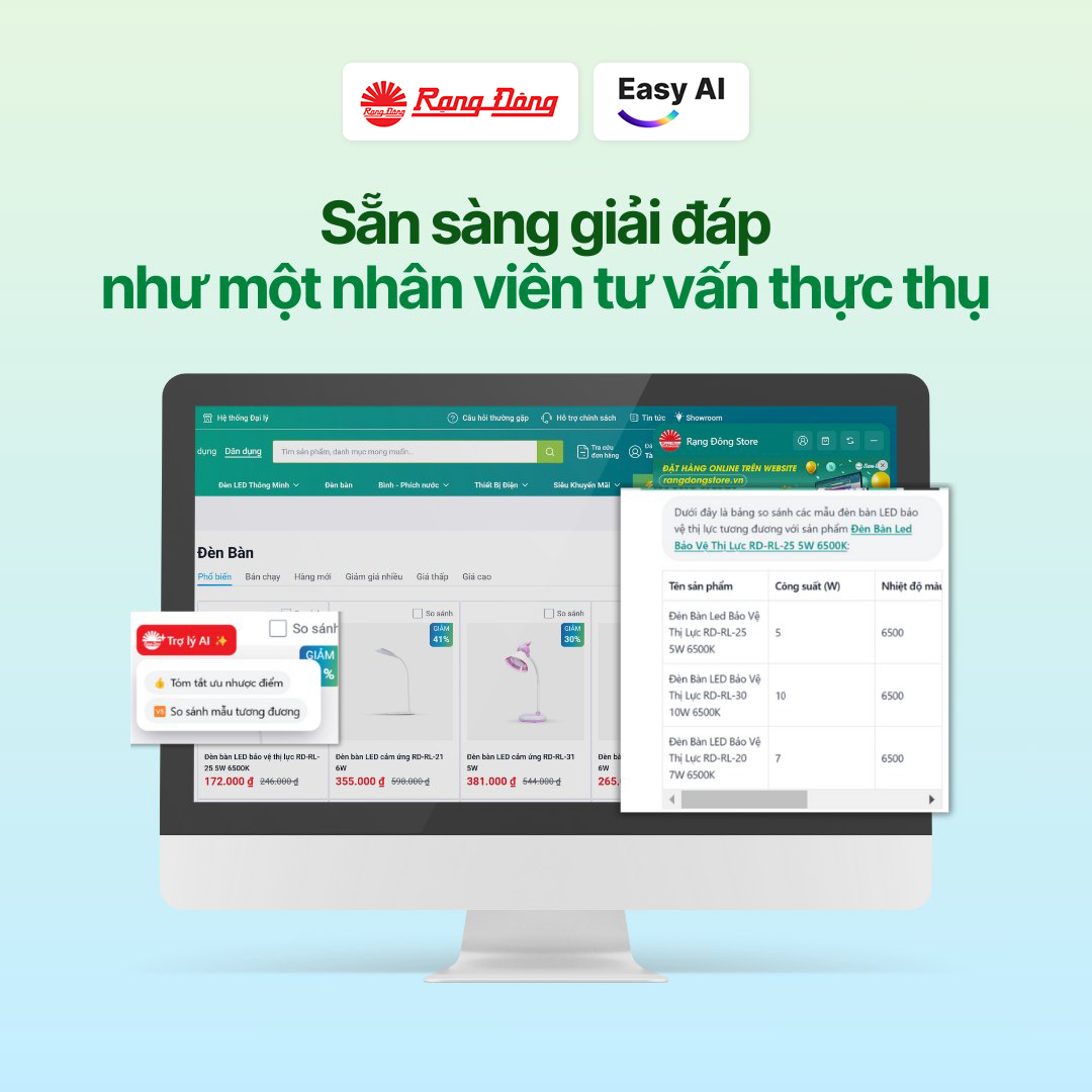 AI Chatbot Rạng Đông Store sẵn sàng giải đáp như một nhân viên tư vấn thực thụ