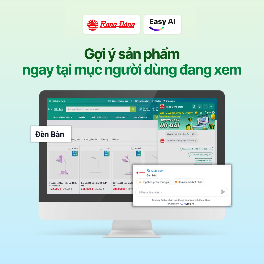 AI Chatbot Rạng Đông Store giúp gợi ý sản phẩm ngay tại mục người dùng đang xem