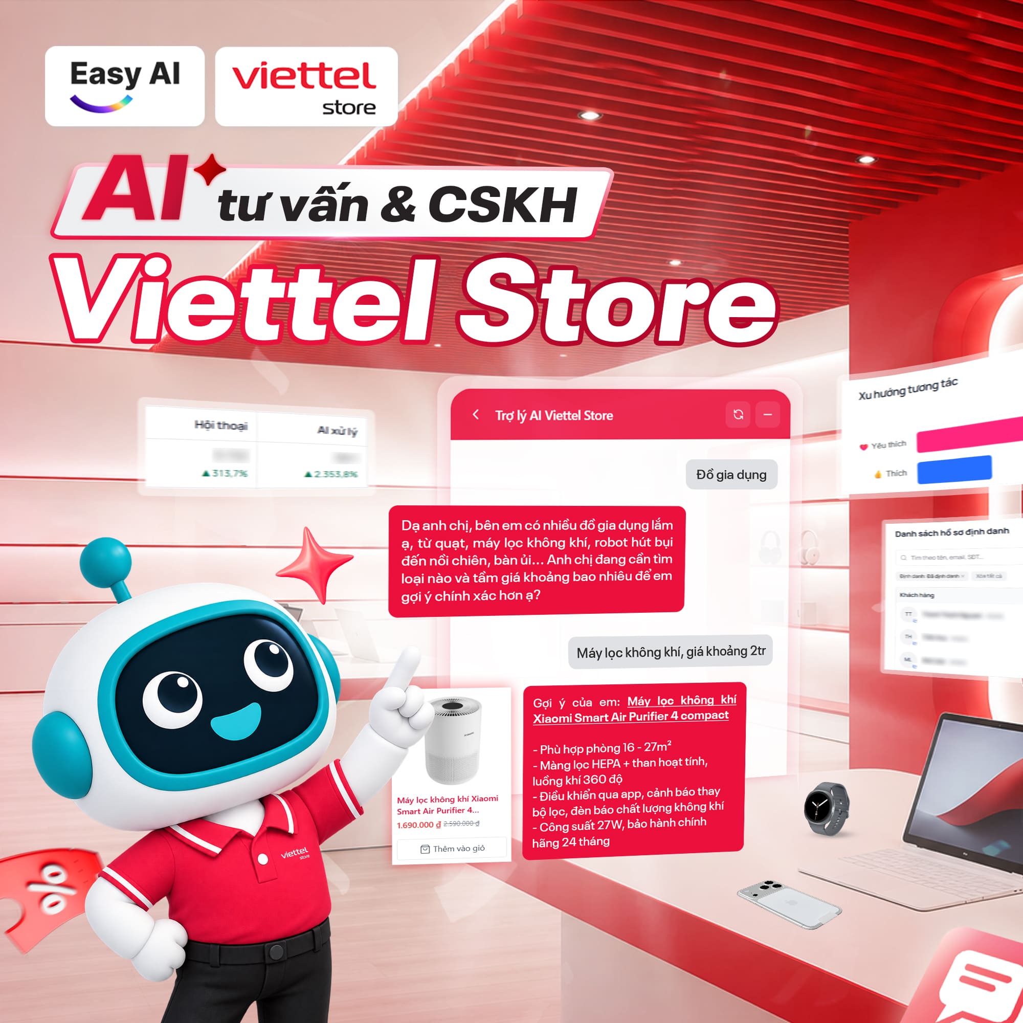 AI tư vấn bán hàng Viettel Store hoạt động 24/7, hỗ trợ khách hàng tra cứu sản phẩm, tư vấn lựa chọn thiết bị, so sánh giá, chính sách ưu đãi và giải đáp các nhu cầu mua sắm nhanh chóng.