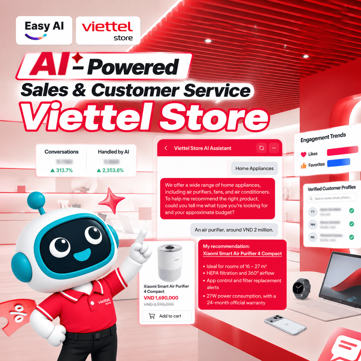 Viettel Store implemented an AI-powered sales consultation solution designed to operate 24/7, helping customers find product information, choose devices, compare prices, review promotional offers, and resolve shopping inquiries quickly.