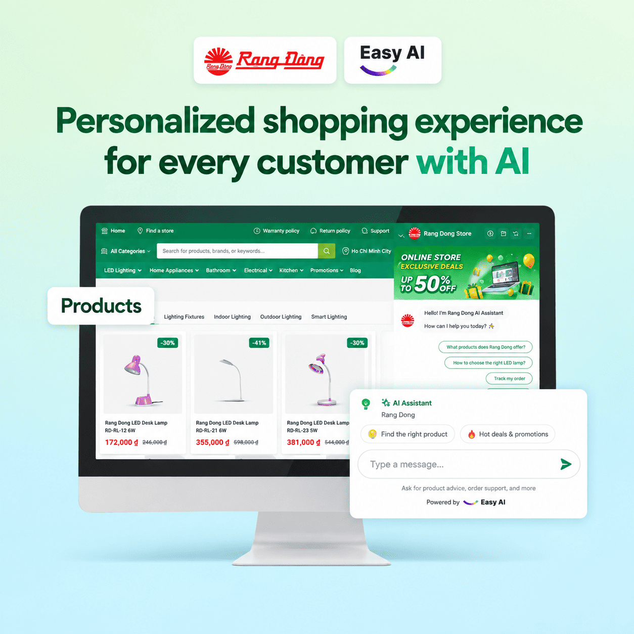 Rạng Đông Store AI Chatbot recommends products directly within the section customers are viewing