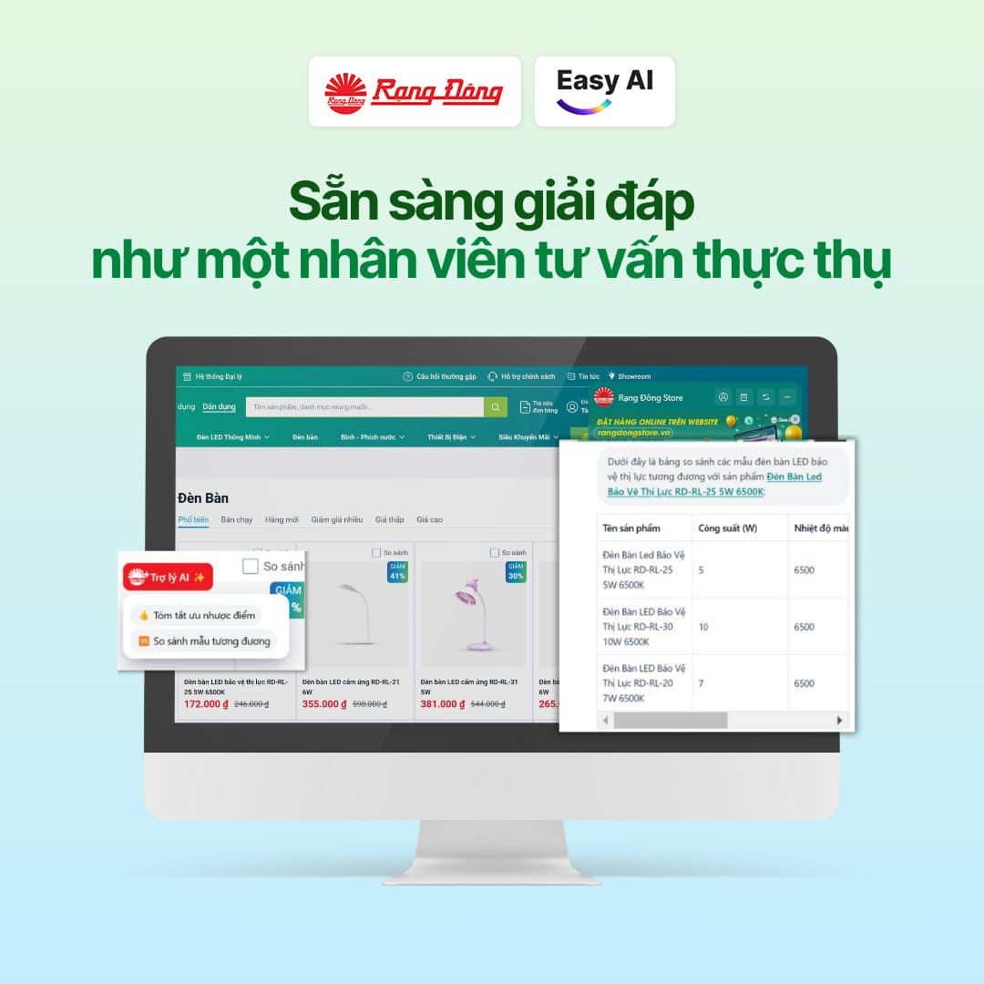 Trợ lý AI Chatbot Rạng Đông Store sẵn sàng tư vấn giải đáp khách hàng như một nhân viên trực chat thực thụ
