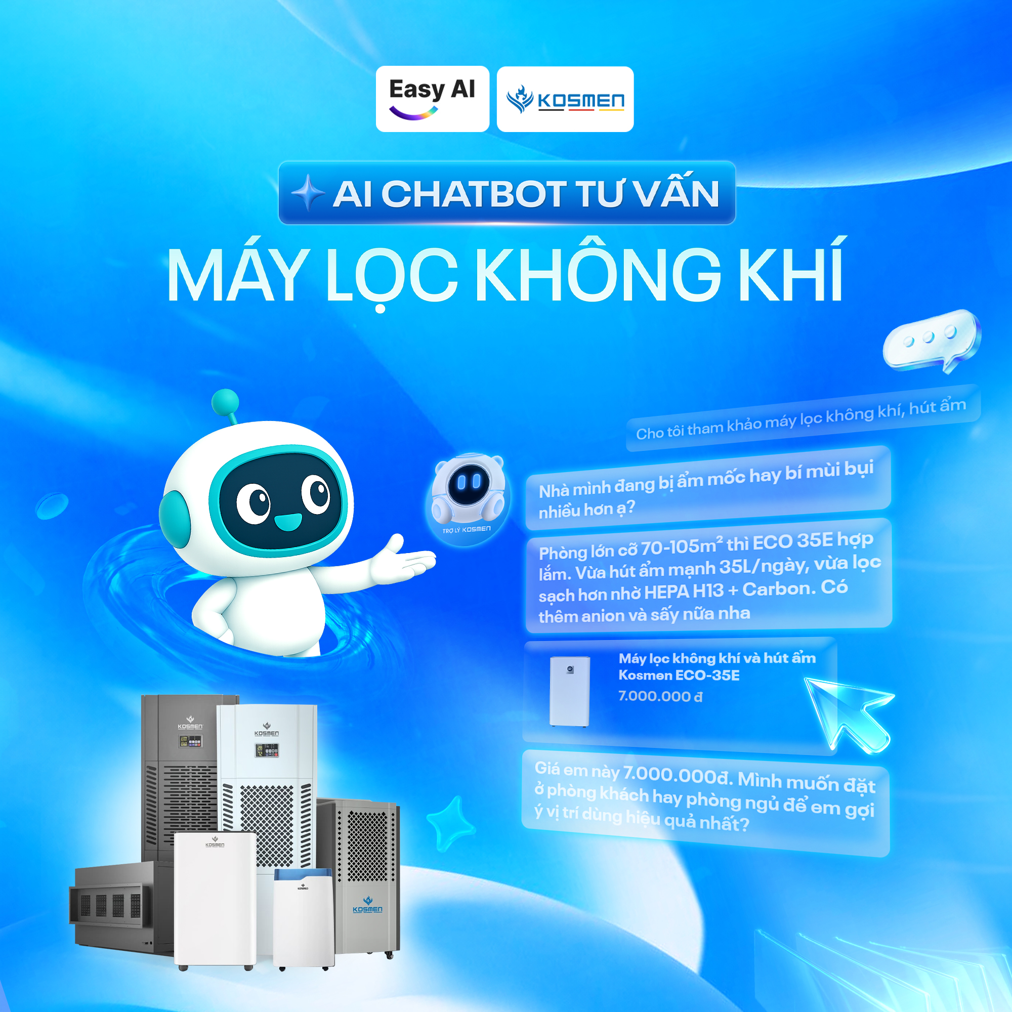 AI Chatbot được đ&agrave;o tạo tr&ecirc;n to&agrave;n bộ dữ liệu sản phẩm v&agrave; quy tr&igrave;nh b&aacute;n h&agrave;ng của Kosmen, đảm bảo chất lượng tư vấn đồng nhất tr&ecirc;n mọi k&ecirc;nh